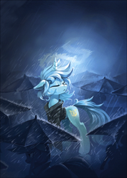Size: 1024x1434 | Tagged: safe, artist:ramiras, imported from derpibooru, lyra heartstrings, pony, unicorn, fanfic:background pony, clothes, crying, dig the swell hoodie, eyes closed, fanfic, fanfic art, fanfic cover, female, hoodie, mare, rain, solo focus, sweater, umbrella