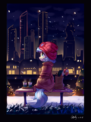 Size: 1800x2425 | Tagged: safe, artist:luciferamon, imported from derpibooru, coco pommel, earth pony, pony, bench, candy, candy cane, city, cityscape, female, food, mare, night, scenery, skyscraper, snow, solo, winter