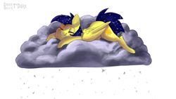 Size: 1920x1080 | Tagged: safe, artist:enderselyatdark, imported from derpibooru, oc, oc only, oc:mixi creamstar, pegasus, pony, chibi, cloud, on a cloud, pegasus wings, rcf community, sleeping, sleeping on a cloud, smiling, snow, snowfall, solo