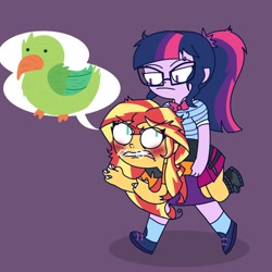 Size: 1378x1378 | Tagged: safe, artist:psychodiamondstar, imported from derpibooru, sci-twi, sunset shimmer, twilight sparkle, parakeet, equestria girls, equestria girls series, rollercoaster of friendship, angry, duo, female, it's not about the parakeet, lesbian, scitwishimmer, shipping, sunsetsparkle, unamused