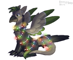 Size: 1524x1262 | Tagged: safe, artist:enderselyatdark, imported from derpibooru, oc, oc only, oc:ralek, griffon, christmas, christmas lights, garland, griffon oc, holiday, rcf community, solo, wings