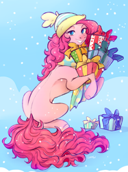 Size: 1919x2567 | Tagged: safe, artist:1an1, imported from derpibooru, pinkie pie, earth pony, pony, christmas, clothes, female, holiday, mare, present, scarf, solo