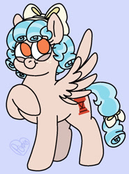 Size: 761x1028 | Tagged: safe, artist:sandwichbuns, imported from derpibooru, cozy glow, pegasus, pony, blue background, bow, female, filly, freckles, simple background, solo