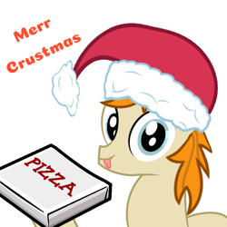 Size: 700x700 | Tagged: safe, artist:pizzamovies, imported from derpibooru, oc, oc only, oc:pizzamovies, pony, christmas, food, hat, holiday, pizza, raised hoof, santa hat, simple background, smiling, solo, tongue out