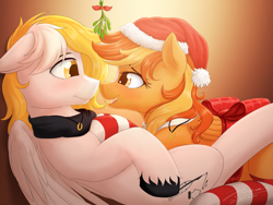 Size: 2828x2121 | Tagged: safe, artist:novaintellus, imported from derpibooru, oc, oc only, oc:serenity, oc:white feather, pegasus, pony, female, looking at each other, mistletoe, serenither, smiling