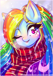 Size: 2893x4092 | Tagged: safe, artist:minamikoboyasy, imported from derpibooru, rainbow dash, pegasus, pony, anime, blushing, clothes, female, heart eyes, lips, mare, one eye closed, open mouth, red scarf, scarf, solo, url, watermark, wingding eyes, wink