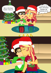 Size: 748x1069 | Tagged: safe, artist:robukun, imported from derpibooru, sunset shimmer, oc, oc:brandon, human, equestria girls, branset, canon x oc, chocolate, christmas, comic, female, food, holiday, hot chocolate, kissing, male, straight