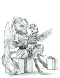 Size: 1100x1429 | Tagged: safe, artist:baron engel, imported from derpibooru, rainbow dash, scootaloo, anthro, pegasus, unguligrade anthro, breasts, christmas, clothes, costume, duo, female, gloves, grayscale, hat, holiday, mare, monochrome, pencil drawing, present, santa costume, santa hat, scarf, simple background, sketch, smiling, traditional art, white background