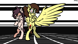 Size: 1920x1080 | Tagged: safe, artist:adilord, imported from derpibooru, oc, oc:aki (herm itachi), oc:herm itachi, earth pony, pegasus, pony, brown hair, female, group, group photo, male, pink skin, synthwave, wings