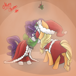 Size: 2000x2000 | Tagged: safe, artist:fnibble, derpibooru exclusive, imported from derpibooru, applejack, rarity, alternate clothes, alternate costumes, alternate hairstyle, cute, daaaaaaaaaaaw, female, holly, holly mistaken for mistletoe, jackabetes, kissing, lesbian, love, raribetes, rarijack, shipping