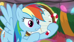 Size: 1280x720 | Tagged: safe, imported from derpibooru, screencap, rainbow dash, the great escape room, candy, candy cane, food