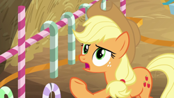 Size: 1280x720 | Tagged: safe, imported from derpibooru, screencap, applejack, earth pony, pony, the great escape room, female, hay, mare, open mouth, raised hoof, solo