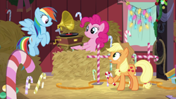 Size: 1280x720 | Tagged: safe, imported from derpibooru, screencap, applejack, pinkie pie, rainbow dash, the great escape room, candy, candy cane, food, gramophone, hay bale