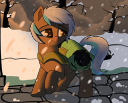 Size: 1708x1378 | Tagged: safe, artist:neuro, imported from derpibooru, oc, oc only, oc:filly anon, oc:frosty hooves, pony, duo, female, filly, guard, guardsmare, mare, royal guard, snow, snowfall