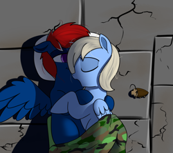 Size: 1540x1369 | Tagged: safe, artist:neuro, imported from derpibooru, oc, oc:snap roll, oc:tailwind, cockroach, insect, pegasus, pony, fallout equestria, fallout equestria: frozen skies, cuddling, fanfic art, sleeping, sleeping bag