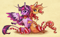 Size: 2442x1546 | Tagged: safe, artist:marbola, imported from derpibooru, sunset shimmer, twilight sparkle, alicorn, pony, unicorn, chest fluff, clothes, cloven hooves, coat markings, colored wings, colored wingtips, ear fluff, female, leonine tail, lesbian, mare, pale belly, shipping, smiling, socks, stockings, striped socks, sunsetsparkle, thigh highs, twilight sparkle (alicorn)