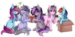 Size: 3000x1487 | Tagged: safe, artist:sketchyhowl, imported from derpibooru, rainbow dash, oc, oc:rainbow kitty, oc:silver breeze, oc:sketchy howl, earth pony, pegasus, pony, unicorn, box, female, holly, holly mistaken for mistletoe, mare, pony in a box, present, simple background, transparent background