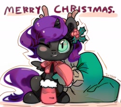 Size: 1599x1416 | Tagged: safe, artist:tingsan, imported from derpibooru, oc, oc only, oc:nyx, alicorn, pony, antlers, clothes, female, one eye closed, reindeer antlers, santa sack, socks, solo, wink