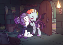 Size: 1115x792 | Tagged: safe, artist:raridashdoodles, imported from derpibooru, rainbow dash, rarity, pegasus, pony, unicorn, alternate timeline, blushing, broom, bucket, castle of the royal pony sisters, closet, cute, female, fire, hoof shoes, kissing, lesbian, mop, night guard dash, night maid rarity, nightmare takeover timeline, raridash, shipping