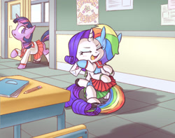 Size: 1109x873 | Tagged: safe, artist:raridashdoodles, imported from derpibooru, rainbow dash, rarity, twilight sparkle, pony, blushing, carrying, chair, classroom, clothes, desk, female, heart, holding a pony, hug, lesbian, love letter, notes, pencil, pleated skirt, raridash, school, school uniform, shipping, skirt