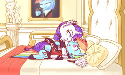 Size: 1280x769 | Tagged: safe, artist:raridashdoodles, imported from derpibooru, rainbow dash, rarity, pony, unicorn, bed, bedroom, bust, clothes, duster, female, hugh hefner, lesbian, lying down, maid, maid headdress, mare, on back, painting, pillow, pipe, portrait, rainbow dash always dresses in style, raridash, robe, shipping, statue