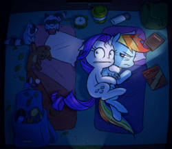 Size: 1063x920 | Tagged: safe, artist:raridashdoodles, imported from derpibooru, rainbow dash, rarity, pegasus, pony, raccoon, unicorn, annoyed, book, camping, clinging, clock, cuddling, female, flashlight (object), lesbian, makeup, raridash, scared, shipping, spooning, teddy bear