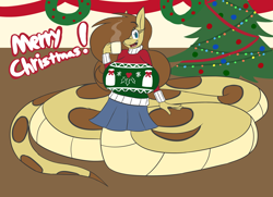 Size: 4184x3036 | Tagged: safe, artist:metalaura, imported from derpibooru, oc, oc only, oc:hissyfit, anthro, lamia, monster girl, monster pony, original species, snake pony, big breasts, breasts, christmas, christmas lights, christmas sweater, christmas tree, clothes, female, festive, holiday, huge breasts, impossibly large breasts, mare, monster mare, pleated skirt, skirt, solo, sweater, tree