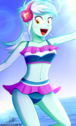 Size: 820x1360 | Tagged: safe, artist:the-butch-x, deleted from derpibooru, imported from derpibooru, part of a set, lyra heartstrings, human, equestria girls, equestria girls series, adorasexy, armpits, attached skirt, beach, beach babe, belly button, bikini, bikini babe, blue swimsuit, clothes, crepuscular rays, cute, female, frilled swimsuit, happy, headphones, looking at you, lyrabetes, midriff, open mouth, pink swimsuit, sexy, signature, sitting, skirt, smiling, solo, striped swimsuit, swimsuit, tricolor swimsuit