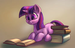 Size: 1811x1155 | Tagged: safe, artist:stratodraw, imported from derpibooru, twilight sparkle, pony, unicorn, book, cute, female, gradient background, mare, missing cutie mark, prone, reading, smiling, solo, twiabetes, unicorn twilight