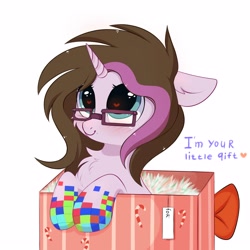 Size: 3000x3000 | Tagged: safe, artist:pesty_skillengton, imported from derpibooru, oc, oc only, oc:pixel berry, pony, unicorn, blushing, bow, box, cheek fluff, chest fluff, cute, female, floppy ears, glasses, heart eyes, hooves, horn, mare, pesty's little gift, pony in a box, present, simple background, solo, white background, wingding eyes, ych result