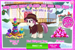 Size: 1033x686 | Tagged: safe, imported from derpibooru, heartfelt song, earth pony, pony, best gift ever, advertisement, background pony, costs real money, female, gameloft, home alone 2: lost in new york, mare, mary poppins, movie reference, official, pigeon lady, sale, song reference