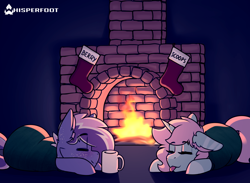 Size: 1748x1280 | Tagged: safe, artist:whisperfoot, imported from derpibooru, oc, oc:berry frost, oc:scoops, earth pony, pony, unicorn, :p, blanket burrito, christmas, clothes, coffee, coffee mug, cute, fire, fireplace, freckles, glow, glowing, holiday, mug, silly, sleeping, stockings, thigh highs, tongue out