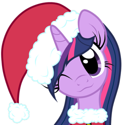 Size: 894x894 | Tagged: safe, artist:oathkeeper21, imported from derpibooru, twilight sparkle, pony, christmas, clothes, costume, cute, female, hat, head tilt, holiday, looking at you, mare, one eye closed, santa costume, santa hat, simple background, solo, transparent background, twiabetes, wink