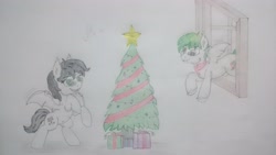 Size: 3840x2160 | Tagged: safe, artist:cloudick, imported from derpibooru, oc, oc:silver sanction, oc:skipper dust, bat pony, bat pony oc, black and white, christmas, christmas tree, eeee, grayscale, green eyes, happy christmas, holiday, monochrome, present, skree, traditional art, tree, window