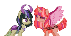 Size: 900x456 | Tagged: safe, artist:t-aroutachiikun, imported from derpibooru, oc, oc only, oc:cicada, oc:spheranium, changepony, hybrid, female, interspecies offspring, offspring, parent:thorax, parent:twilight sparkle, parents:twirax, simple background, trans boy, trans male, transgender, transparent background