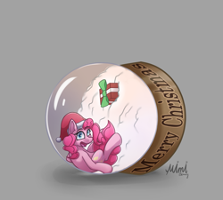 Size: 2313x2082 | Tagged: safe, artist:milkychocoberry, imported from derpibooru, pinkie pie, earth pony, pony, box, christmas, female, gray background, hat, holiday, present, santa hat, simple background, smiling, snow globe, solo, sphere