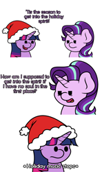 Size: 1920x3240 | Tagged: safe, artist:ljdamz1119, imported from derpibooru, starlight glimmer, twilight sparkle, pony, unicorn, atheism, beady eyes, christmas, comic, descriptive noise, dialogue, hat, hearth's warming, holiday, open mouth, santa hat, soulless, sound effects, twilight is not amused, twilight sparkle is not amused, unamused