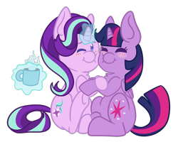 Size: 1500x1200 | Tagged: safe, artist:mimimoo123456789, artist:miss-arts-and-crafts, imported from derpibooru, starlight glimmer, twilight sparkle, alicorn, pony, unicorn, blushing, chocolate, cuddling, cup, cute, eyes closed, female, food, glimmerbetes, glowing horn, hot chocolate, lesbian, levitation, magic, nuzzling, one eye closed, shipping, simple background, smiling, telekinesis, transparent background, twiabetes, twilight sparkle (alicorn), twistarlight