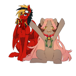 Size: 1400x1400 | Tagged: safe, artist:dagmell, artist:twotail813, imported from derpibooru, oc, oc only, oc:luurei, oc:twotail, pegasus, pony, 2019 community collab, derpibooru community collaboration, bell, duo, female, horns, plushie, rcf community, simple background, sitting, transparent background