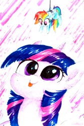 Size: 1847x2771 | Tagged: safe, artist:liaaqila, imported from derpibooru, rainbow dash, twilight sparkle, alicorn, pony, :p, cute, dashabetes, duo, ear fluff, female, fluffy, mare, micro, rope, silly, size difference, smol, spread wings, tied up, tongue out, traditional art, twiabetes, twilight sparkle (alicorn), wings