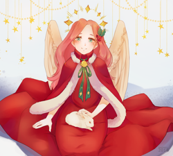 Size: 3393x3057 | Tagged: safe, artist:dagmell, imported from derpibooru, fluttershy, human, rabbit, beautiful, christmas, clothes, female, hair ornament, halo, head tilt, holiday, humanized, looking at you, mantle, sitting, smiling, solo, winged humanization, wings