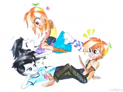 Size: 1738x1306 | Tagged: safe, artist:liaaqila, imported from derpibooru, button mash, rumble, equestria girls, barefoot, bedroom eyes, buttonbetes, clothes, commission, crying, cute, equestria girls-ified, eyes closed, feather, feet, female, fetish, foot fetish, gay, hat, jeans, jewelry, joystick (r63), laughing, lesbian, male, male feet, multeity, necklace, on back, on side, on top, open mouth, pants, propeller hat, rule 63, rumblebetes, rumblemash, self paradox, shipping, shirt, shorts, side, simple background, skirt, socks, striped socks, t-shirt, tanktop, tears of laughter, tickle fetish, tickle torture, tickling, tongue out, torn clothes, traditional art, tumble, tumbstick, vest, wall of tags, white background