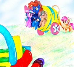 Size: 1513x1363 | Tagged: safe, artist:liaaqila, imported from derpibooru, scootaloo, oc, oc:elizabat stormfeather, oc:midnight, oc:midnight specter, oc:silly scribe, oc:starry mind, alicorn, bat pony, bat pony alicorn, earth pony, pegasus, pony, unicorn, alicorn oc, balloon, bat pony oc, bouncy castle, cannon, commission, cute, female, filly, fire, male, mare, open mouth, party cannon, pony cannonball, raised hoof, simple background, stallion, tongue out, torch, traditional art, white background