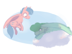 Size: 640x480 | Tagged: safe, artist:bananasmores, imported from derpibooru, firefly, medley, pegasus, pony, cloud, duo, flying, g1, lying down, lying on a cloud, on a cloud