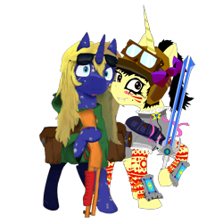 Size: 2951x2951 | Tagged: safe, artist:milescheetahperhour, artist:sapphmod, deleted from derpibooru, edit, imported from derpibooru, oc, oc only, oc:false chasma, oc:sapphire mark, pony, unicorn, 2019 community collab, derpibooru community collaboration, bag, clothes, cutie pox, fangs, female, hoodie, looking at you, mare, simple background, standing, sunglasses, sword, transparent background, watergun, weapon