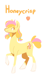 Size: 466x777 | Tagged: safe, artist:bananasmores, imported from derpibooru, oc, oc only, oc:honeycrisp, earth pony, pony, appleshybomb, coat markings, female, magical lesbian spawn, mare, offspring, parent:applejack, parent:fluttershy, parents:appleshy, raised hoof, simple background, socks (coat marking), socks (coat markings), solo, white background