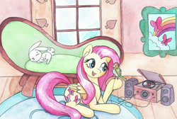 Size: 1280x861 | Tagged: safe, artist:astevenamedwolf, imported from derpibooru, angel bunny, fluttershy, bird, butterfly, pegasus, pony, couch, duo, female, fluttershy's cottage (interior), folded wings, head tilt, headphones, hoof hold, indoors, looking at something, mare, open mouth, picture, prone, rainbow, record player, singing, smiling, traditional art, wings