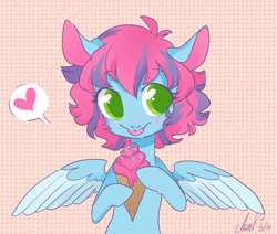 Size: 700x593 | Tagged: dead source, safe, artist:yourdailydoodles, imported from derpibooru, oc, pegasus, pony, :p, abstract background, female, food, heart, hoof hold, ice cream, mare, no pupils, pictogram, signature, silly, speech bubble, tongue out