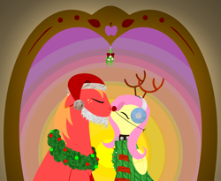 Size: 2879x2361 | Tagged: safe, anonymous artist, imported from derpibooru, big macintosh, fluttershy, earth pony, pegasus, pony, series:fm holidays, antlers, bell, bell collar, christmas, christmas lights, christmas sweater, christmas wreath, clothes, collar, earmuffs, eyes closed, fake beard, fake nose, female, fluttermac, hat, holiday, kissing, lineless, linless, male, mare, mistletoe, red nose, reindeer antlers, santa hat, shipping, stallion, straight, sweater, wings, wreath