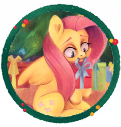 Size: 2480x2600 | Tagged: safe, artist:insedeacveritus, imported from derpibooru, fluttershy, pegasus, pony, christmas decoration, circle, female, frame, looking at something, looking down, mare, mouth hold, present, sitting, solo, spread wings, wings